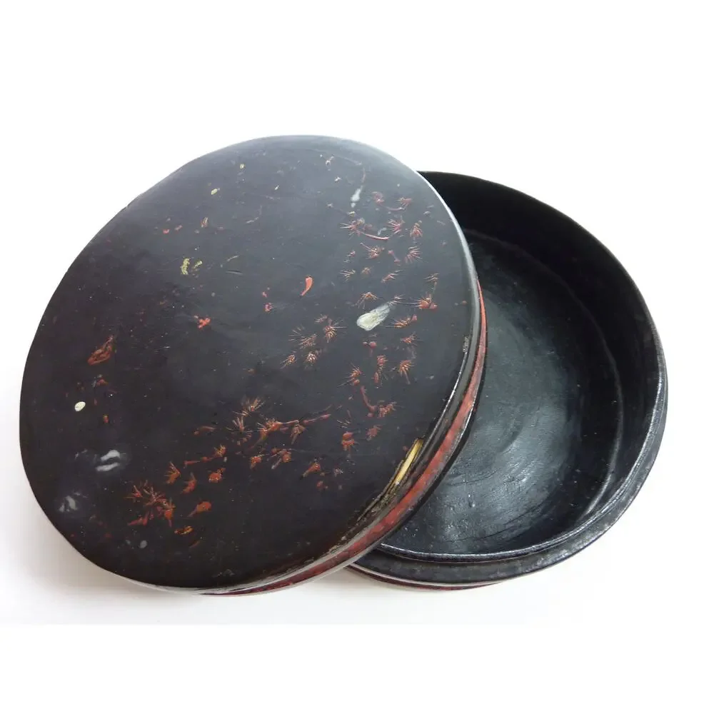 Antique Japanese Black Lacquer Round Box Wabi Sabi Egret Deer Storage Case 7